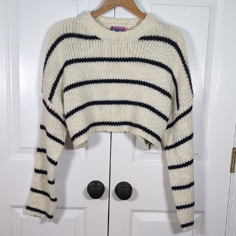 NWT Edikted Sister Striped Cropped Sweater Neutral Cream Black Nautical XS/S